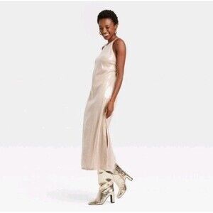 A New Day Womens Sequined Dress Size XL Halter Back Beige Leg Slit Sleeveless